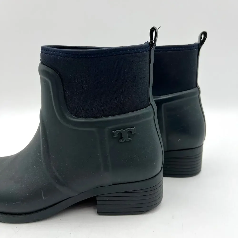 Tory Burch Rubber April Rain Boots Navy Blue Pull On Ankle Booties Waterproof